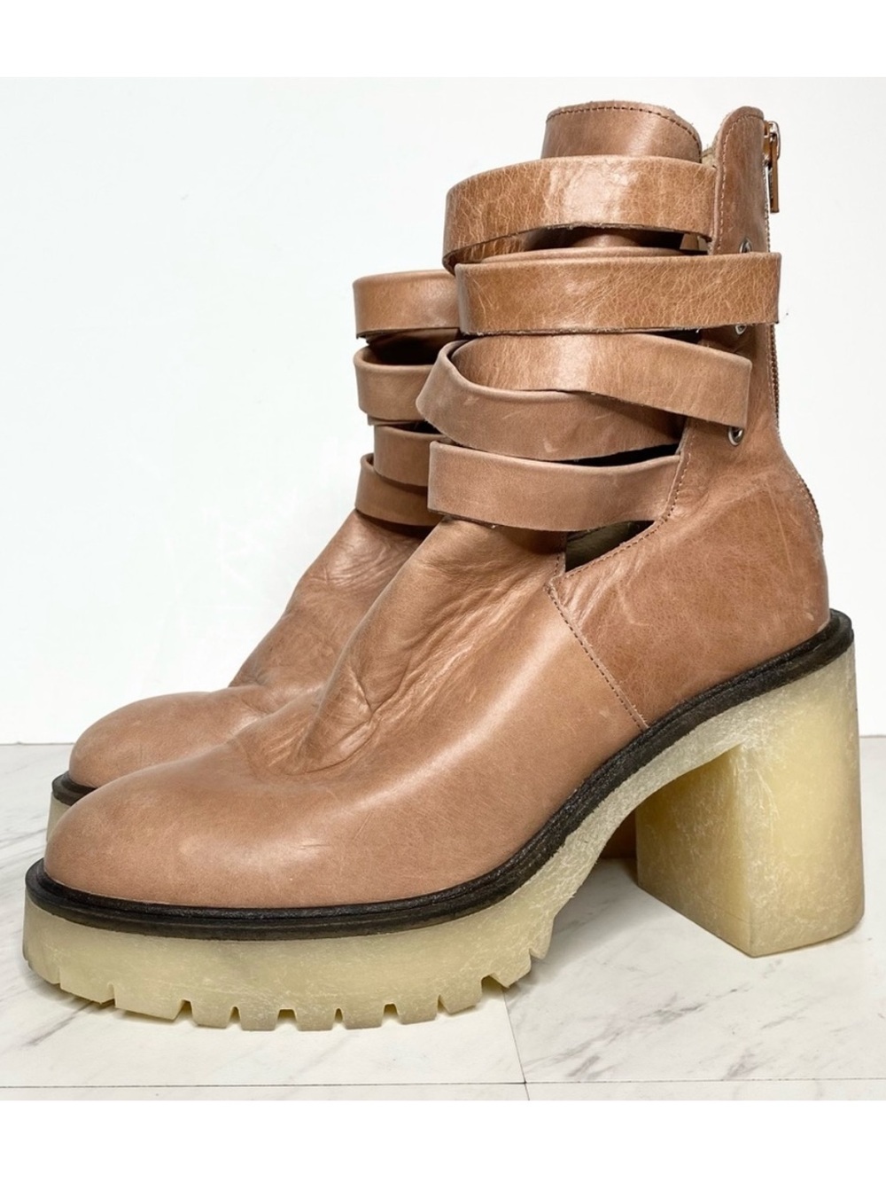 Free People Jesse Light Brown Leather Strappy Heeled Boot 39